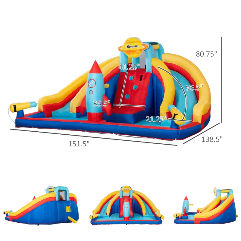 Outsunny 5-in-1 Inflatable Water Slide, Rocket Themed Kids Bounce House with Slide, Pool, Water Cannon, Hoop, Climbing Wall Includes Carry Bag, Repair Patches, without Air Blower