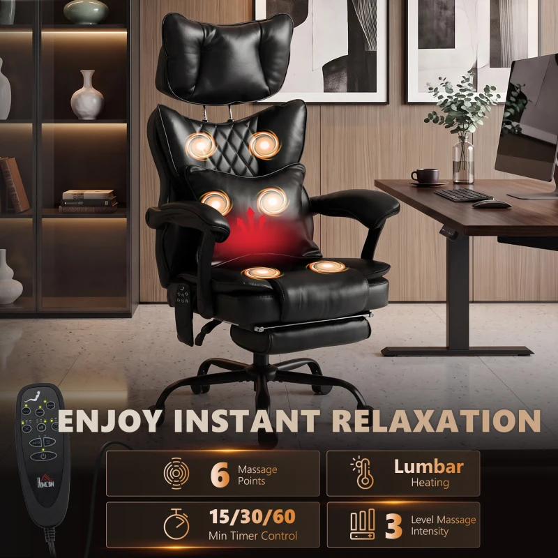 HOMCOM High Back Vibration Massage Office Chair, Heated Reclining PU Leather Computer Chair with Headrest, Black