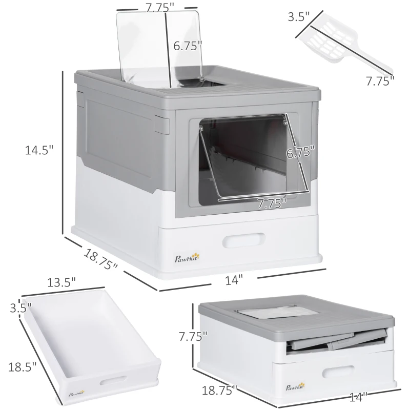 PawHut Fully Enclosed Cat Litter Box with Front Entry and Top Exit, Plastic, Gray & White