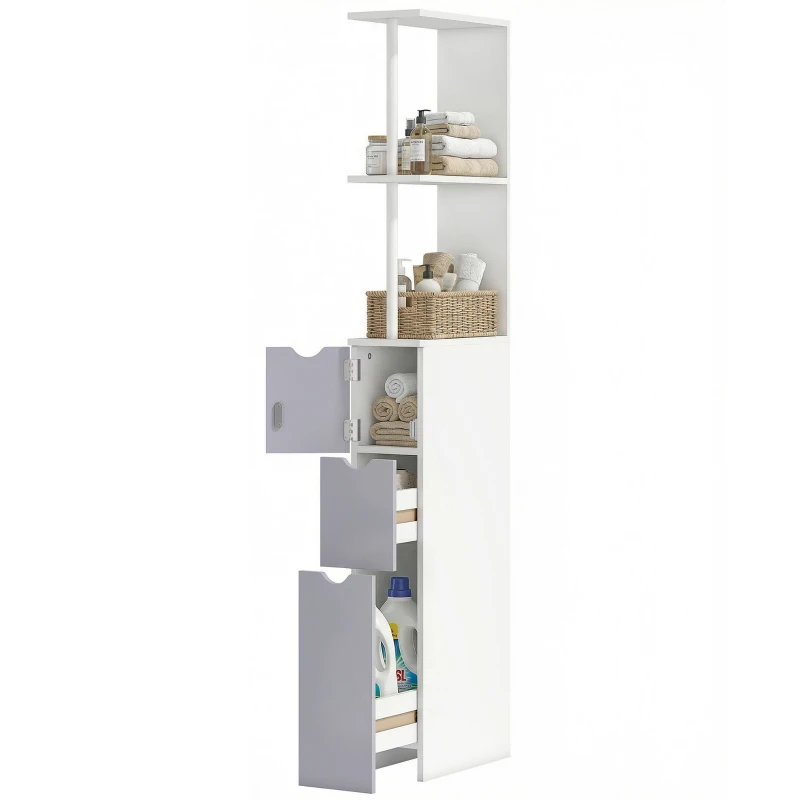 HOMCOM 54" Tall Bathroom Storage Cabinet, Freestanding Linen Tower with 2-Tier Shelf and Drawers, Narrow Side Floor Organizer, White