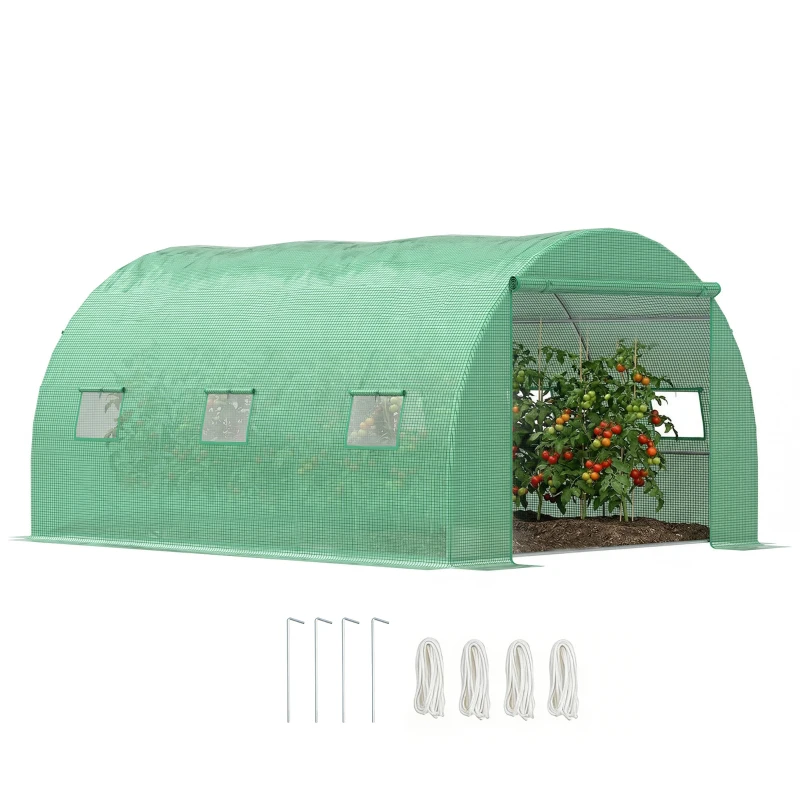 Outsunny 13' x 10' x 6.6'  Walk-in Polytunnel Greenhouse, Outdoor Garden Tunnel Greenhouse Tent with Zipped Roll-Up Door and 6 Mesh Windows, Green