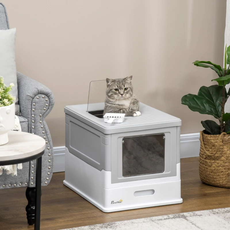 PawHut Fully Enclosed Cat Litter Box with Front Entry and Top Exit, Plastic, Gray & White