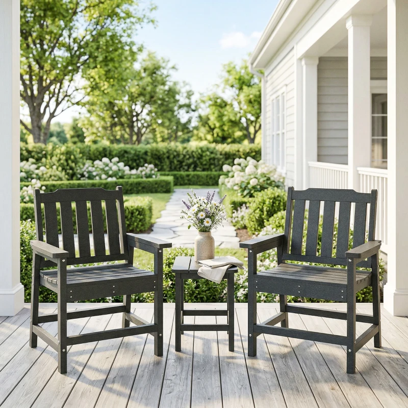 Outsunny 2 Piece All-Weather Patio Chairs, HDPE Patio Dining Chair Set, Heavy Duty Wood-Like Outdoor Furniture, Gray