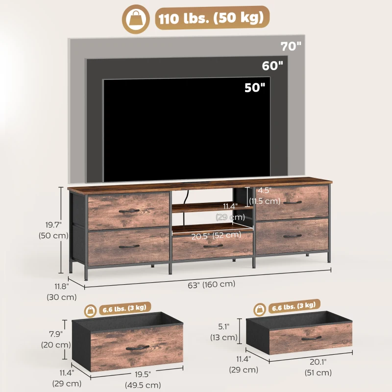 HOMCOM TV Stand for TVs up to 70 Inch, Industrial TV Console with Charging Station, 5 Drawers and Open Shelves, Rustic Brown