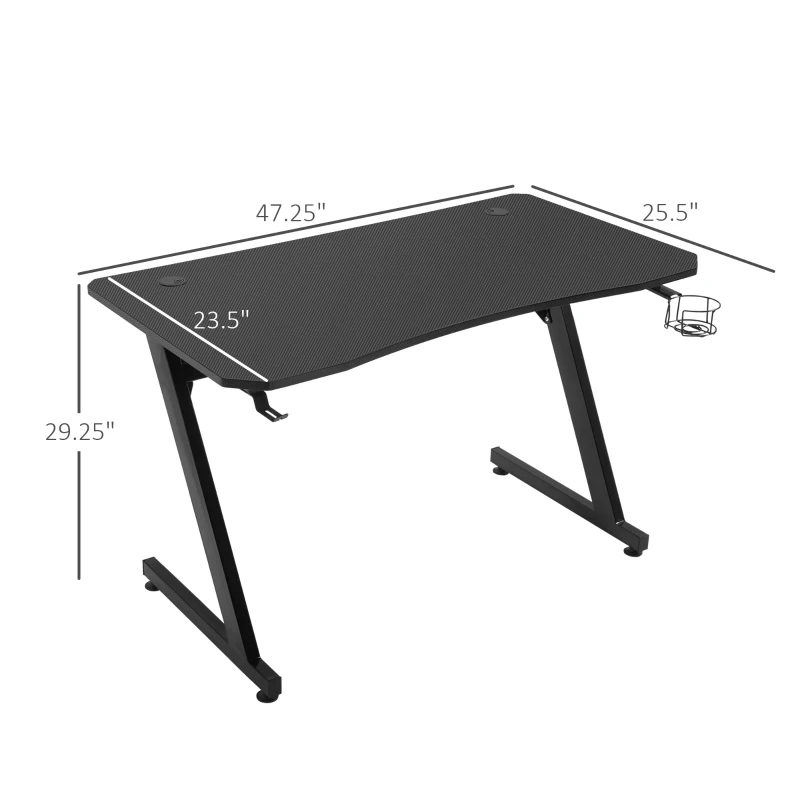 HOMCOM 47.25" Gaming Desk Computer Home Office Gamer Table Workstation Metal Frame with Cup Holder, Headphone Hook, Cable Management, Black