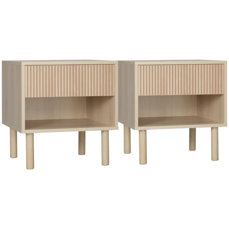 HOMCOM Set of 2 Bedroom Nightstands, Side Table with Storage Shelf and Drawer for Living Room, Bedroom, Natural Wood