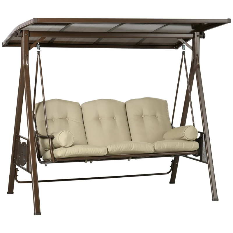 Outsunny 3-Seat Patio Swing Chair, Outdoor Canopy Swing Glider with Cushion, Pillows and Adjustable Polycarbonate Canopy for Porch, Garden, Poolside, Backyard, Khaki