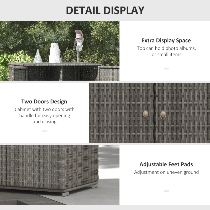 Outsunny Wicker Outdoor Storage Cabinet, 2-Door Rattan Pool Towel Storage Cabinet with Drawer & Removable Shelf, Dark Grey