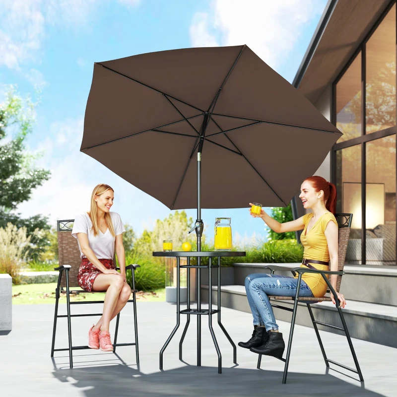 Outsunny 4 Piece Outdoor Bar Set with Umbrella, Patio Dining Set with 2 Folding Chairs, Wave Textured Tempered Glass Table, Brown