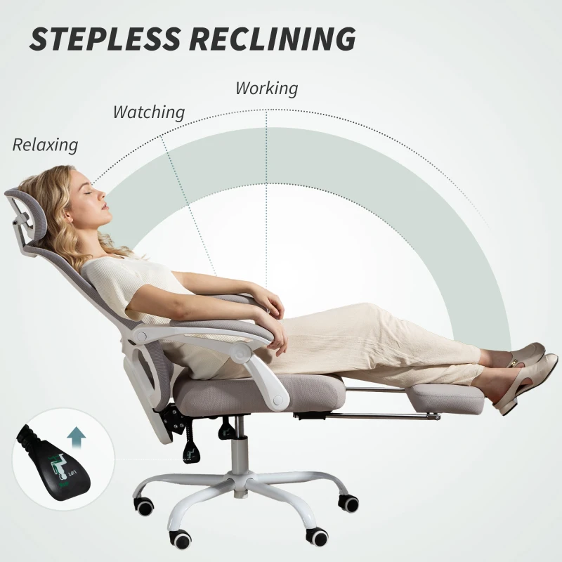 HOMCOM Ergonomic Office Chair, Mesh Reclining Desk Chair with Adjustable Lumbar Support, Headrest, Grey