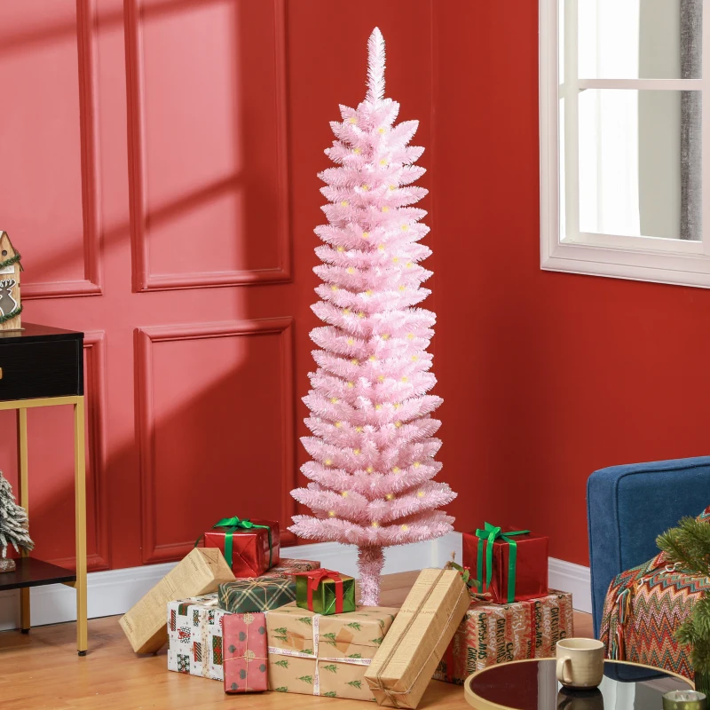 HOMCOM 5' Prelit Christmas Tree, Pencil Artificial Christmas Tree with Colorful Surface Branches, Colorful LED Lights, Pink