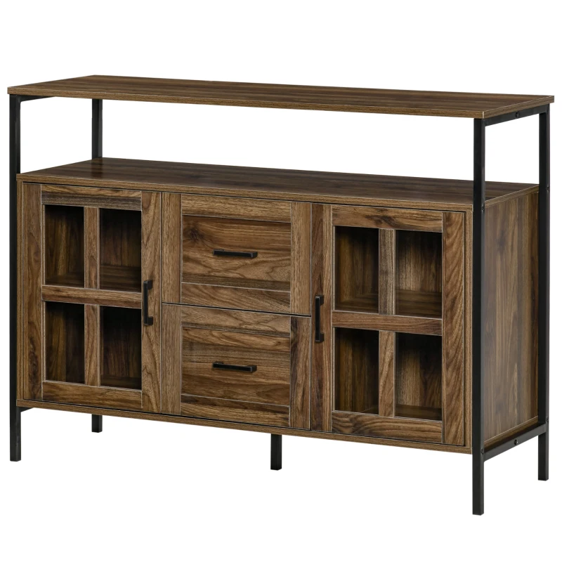 HOMCOM Industrial Sideboard Buffet Cabinet, Coffee Bar Cabinet with Adjustable Shelves, Glass Doors, and 2 Drawers for Kitchen, Living Room, Brown