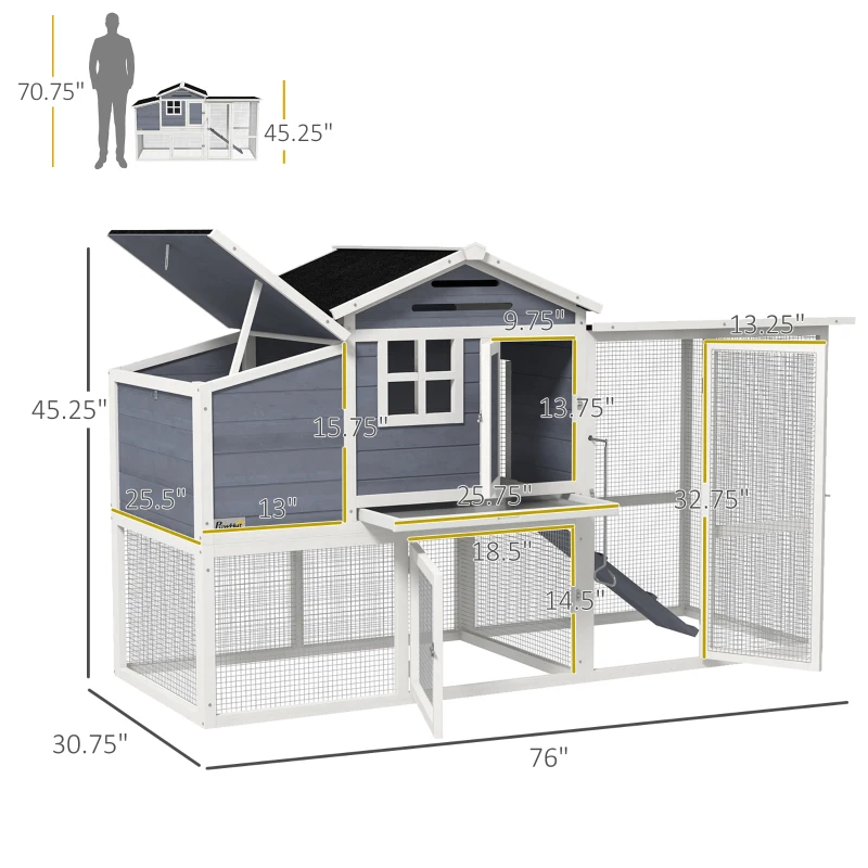 PawHut 76" Wooden Chicken Coop with Outdoor Run, Nesting Box, Tray, Door
