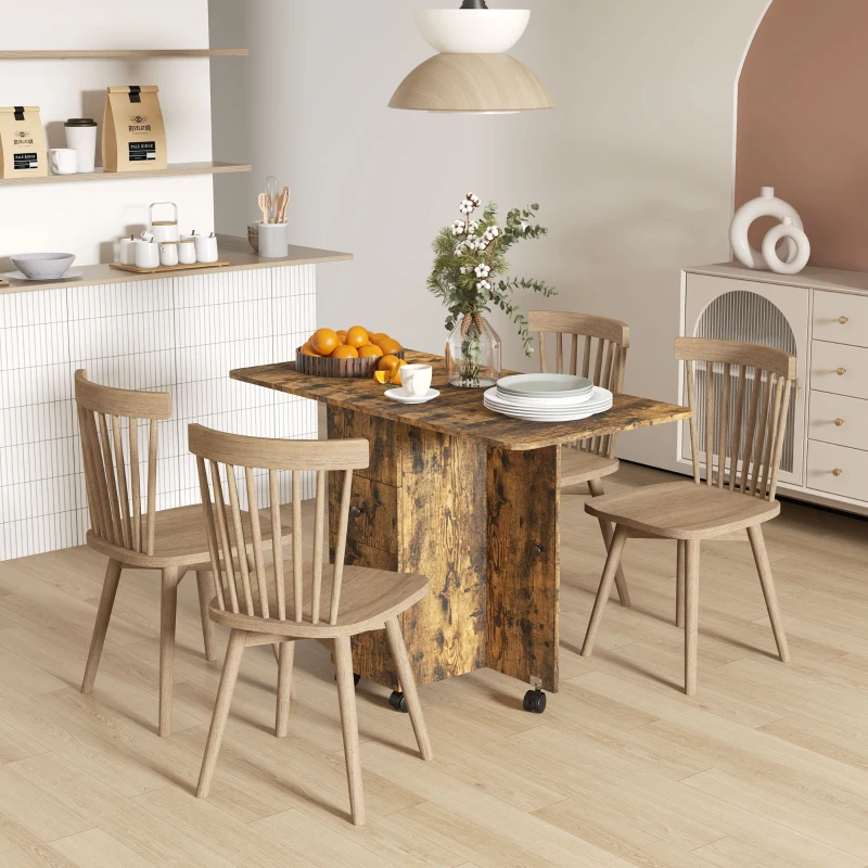 HOMCOM Drop Leaf Dining Table, Mobile Folding Table on Wheels with Drawers and Cabinet for Dining Room, Kitchen, Rustic Brown