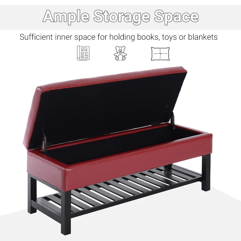 HomCom 44" Tufted Faux Leather Ottoman Storage Bench With Shoe Rack- Crimson Red
