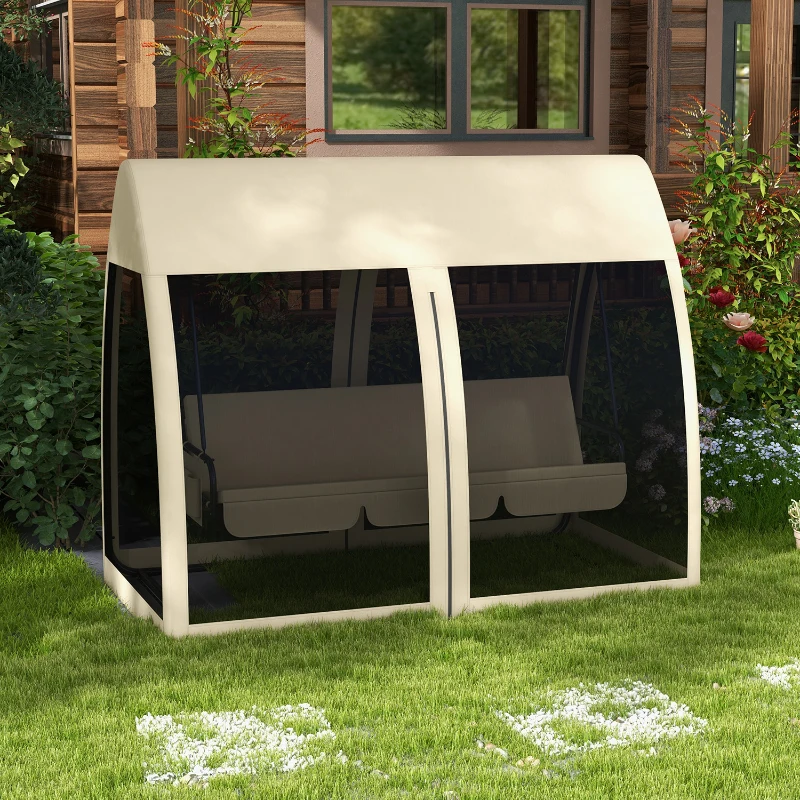 Outsunny 3 Seat Outdoor Swing Chair Convertible Covered Day Bed with Canopy, Mesh Netting, Steel Stand for Garden, Patio, Coffee