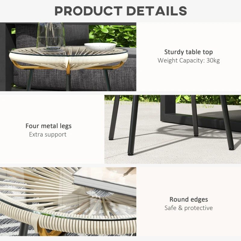 Outsunny Rattan Side Table, Round Outdoor Table, with Round PE Rattan and Tempered Glass Table Top for Patio, Garden, Cream White