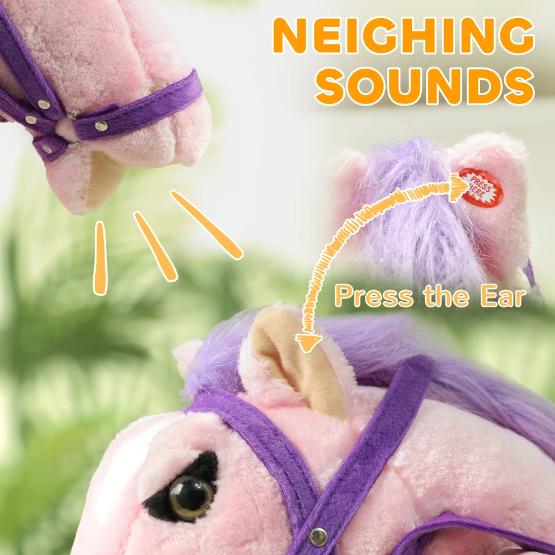 Qaba Spring Rocking Horse, Kids Ride on Horse, Plush Horse Ride-on w/ Sounds & Foot Stirrups for Kids 3-8 Years, Pink