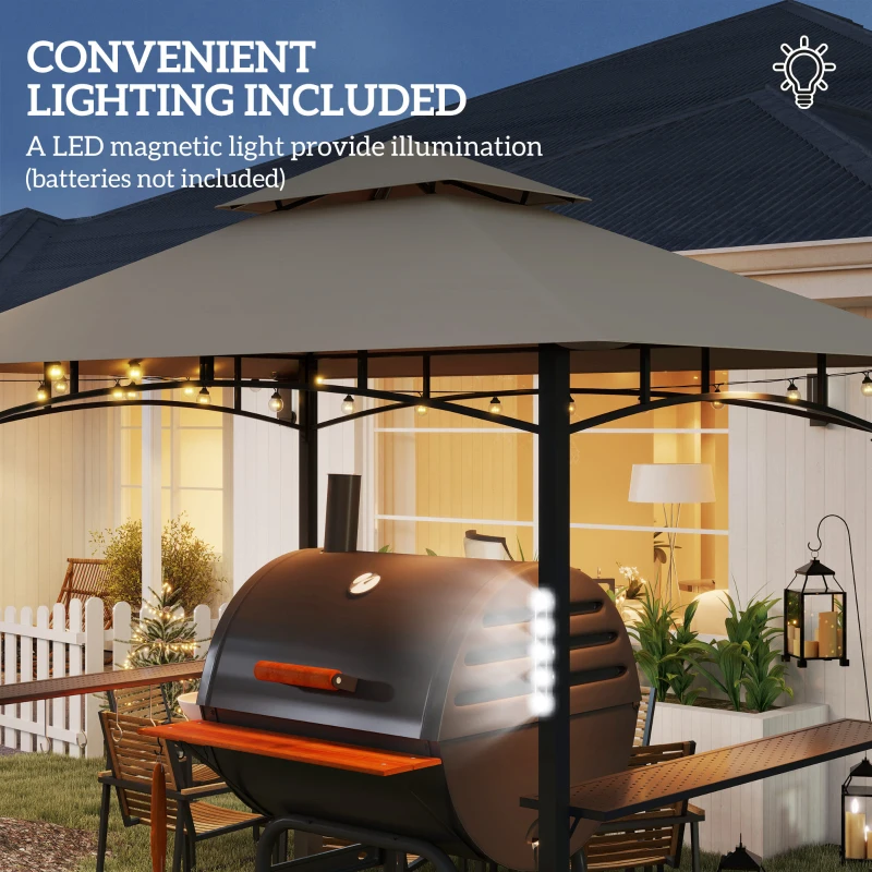 Outsunny 8' x 5' Outdoor Grill Gazebo, Barbecue Gazebo Shelter with LED Light, 2 Side Shelves, Hooks, Bottle Opener, Khaki