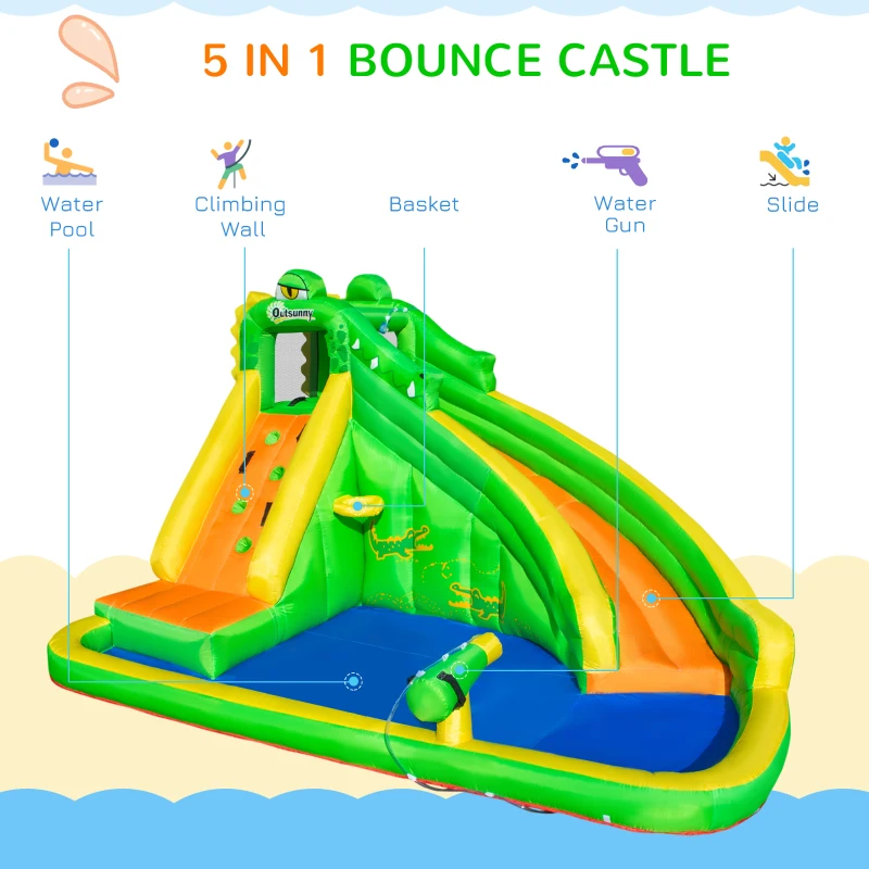 Outsunny 6 in 1 Inflatable Water Slide for Kids Backyard Water Park Castle Bounce House Extra Large Crocodile Style with Basket, Cannon, Pool, Climbing Wall, Slide and Carrybag Without Air Blower