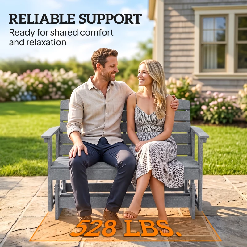 Outsunny Patio Glider Bench w/ HDPE Slatted Double Rocking Chair, Light Gray