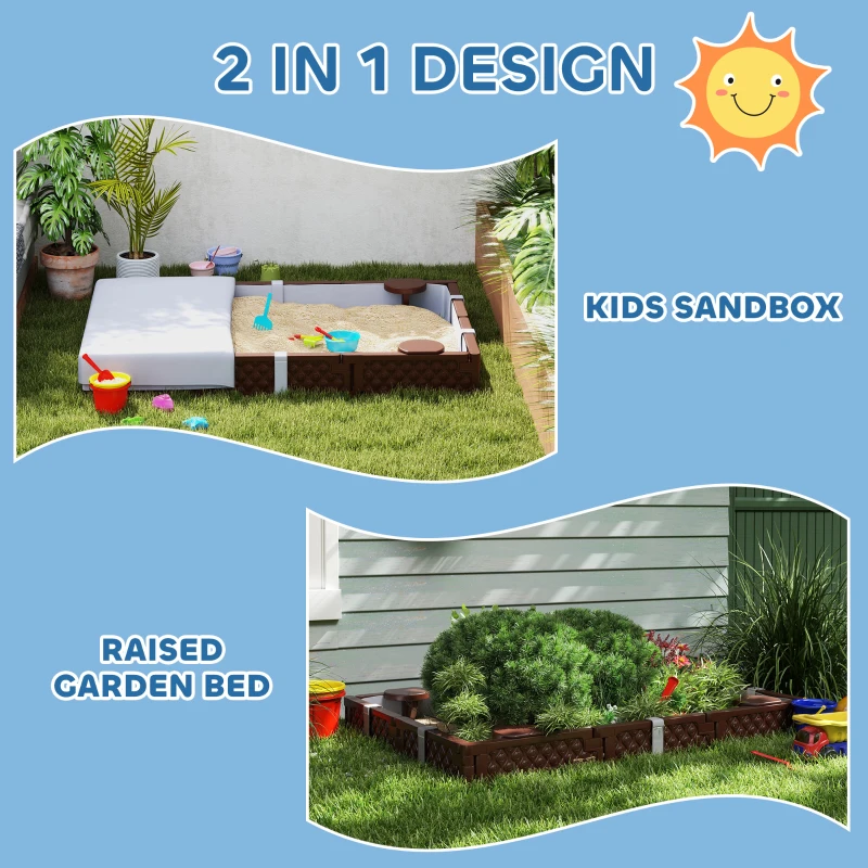 Qaba Kids Sandbox with Cover, 4 Corner Seats, Bottom Liner for Backyard, Garden, Outdoor, 73" x 47" x 9", Dark Brown