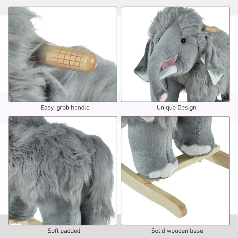 Qaba Kids Ride-On Rocking Horse Toy Mammoth Style Rocker with Fun Music & Soft Plush Fabric for Children 3+ Years