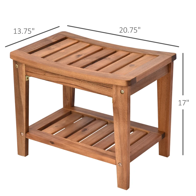 HOMCOM Acacia Wood Shower Bench Seat with Towel Shelf, 2-Tier Bathroom Spa Bathing Stool