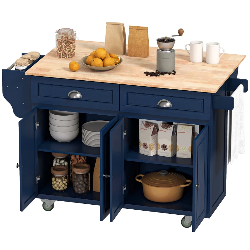 HOMCOM Rolling Kitchen Island Cart with Drop Leaf, Kitchen Cart on Wheels with Wood Top, 2 Drawers and 2 Storage Cabinets, Island Table for Kitchen, Dining Room, Dark Blue