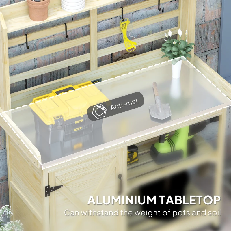 Outsunny Wooden Potting Bench with Storage, Aluminum Tabletop for Backyard, Patio, Balcony, Natural