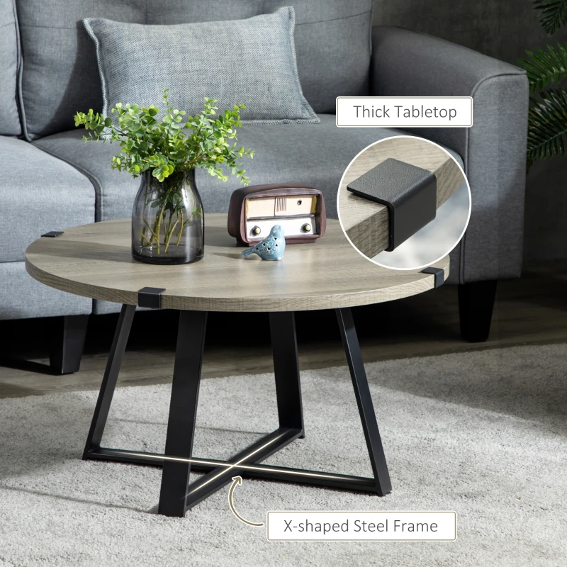 HOMCOM Round Coffee Table, Retro Cocktail Table with Steel Crossed Legs, Aesthetic Living Room Table, Easy to Assemble, Light Gray