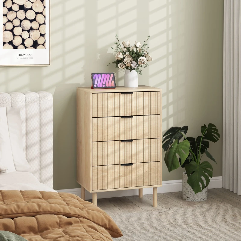 HOMCOM Chest of Drawers, 4 Drawer Dresser with Fluted Panels and Solid Wood Legs, Storage Cabinet for Living Room, Oak