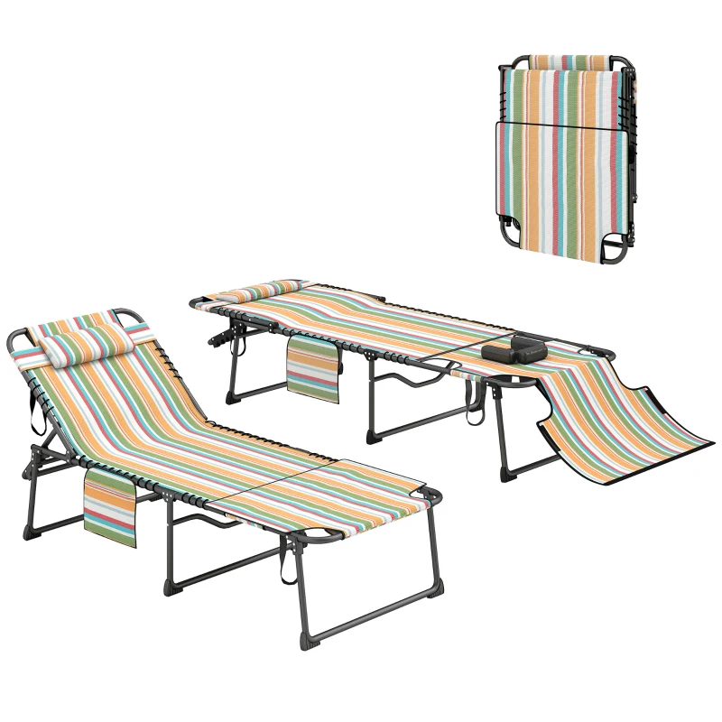 Outsunny 2 Piece Folding Chaise Lounge Pool Chairs with 5-level Reclining Back, Reading Hole, Side Pocket, Rainbow Striped