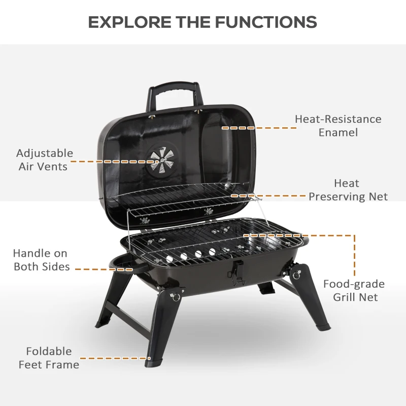 Outsunny 14" Portable Grill, Small Charcoal Grill for Outdoor Cooking, BBQ, Camping, Enamel Coated, Folding Legs, Black