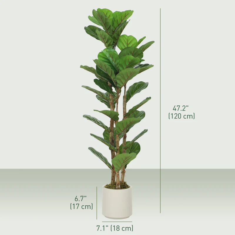 HOMCOM 4FT Artificial Fiddle Leaf Fig Tree Set of 2, Fake Potted Tree with Solid Wood Trunks for Indoor Decor, Green
