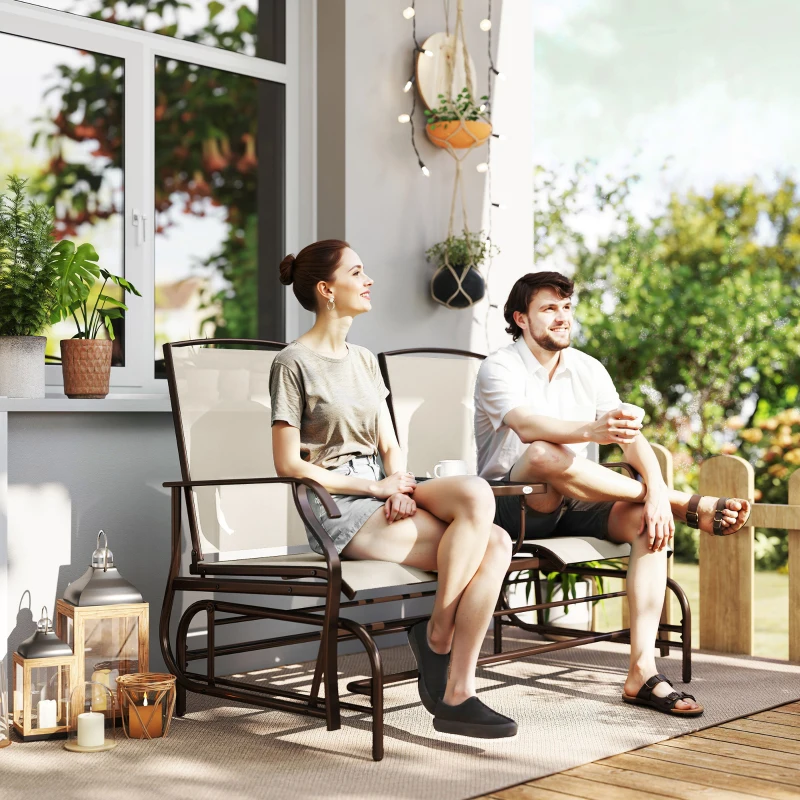 Outsunny Outdoor Glider Bench with Center Table, Metal Frame Patio Loveseat with Breathable Mesh Fabric and Armrests for Backyard Garden Porch, Beige