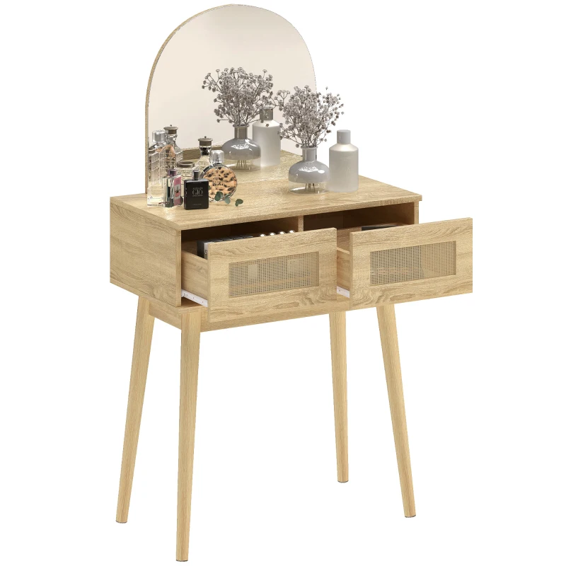 HOMCOM Vanity Desk, Makeup Vanity with with Mirror and 2 Drawers, Natural Wood
