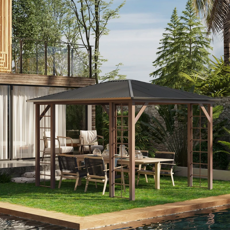 Outsunny 10' x 12' Hardtop Gazebo with Galvanized Steel Roof, Wood Grain Steel Frame, Heavy Duty Permanent Pavilion Outdoor Gazebo, for Garden, Patio, Backyard, Deck, Lawn