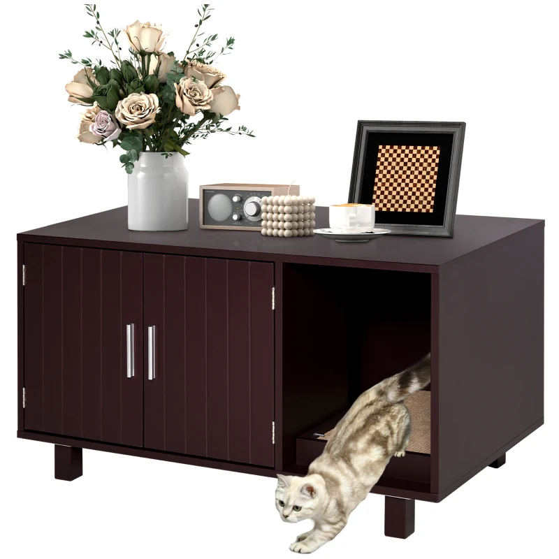 PawHut Cat Litter Box Enclosure, Hidden Litter Box Furniture, Cat House End Table Washroom with Scratching Pad, for Indoor Cats Kittens, 36" x 20.5" x 20", Brown