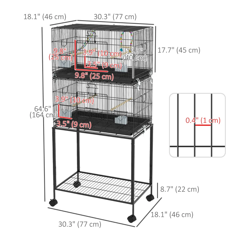 PawHut 65" Birdcage for Canaries, Lovebirds Finches, Budgie Cage with Wheels, Black