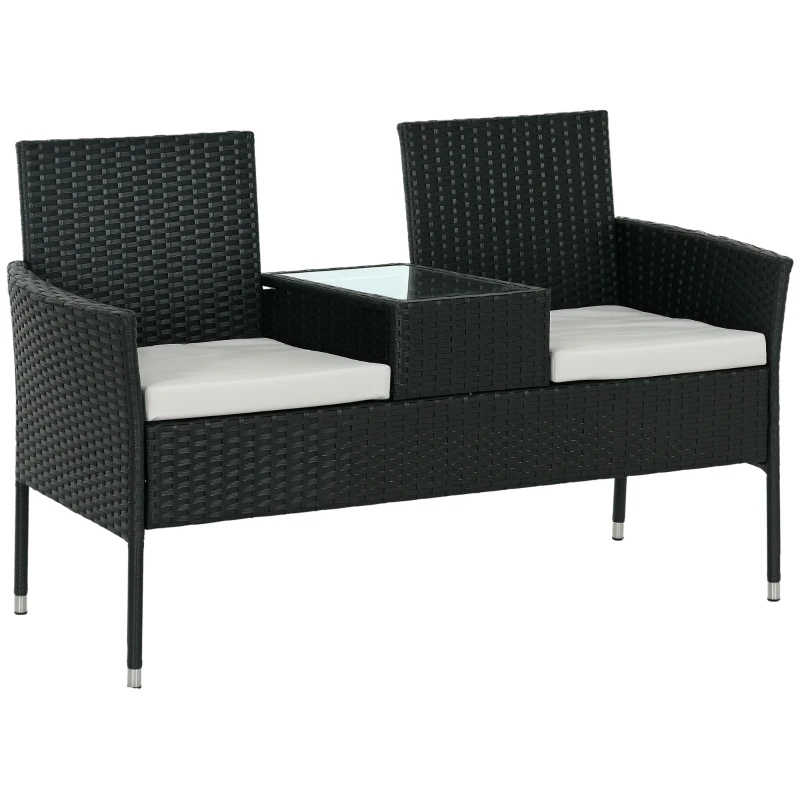 Outsunny Patio Furniture w/ Mid-Table PE Rattan Loveseat w/ Cushion, Light Grey
