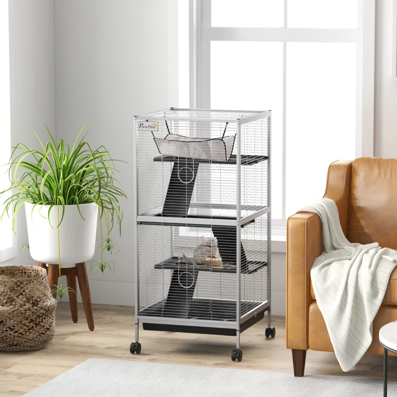 PawHut 45" H Rolling Small Animal Cage with Hammock, Ferret Cage, Chinchilla Cage, Pet Habitat with 6 Doors, Removable Tray