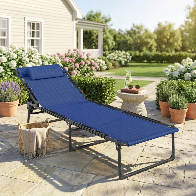 Outsunny Foldable Chaise Lounge, 4-Position Reclining Back, Trifold Portable design and Breathable Mesh for Poolside,Camping, Hiking - Navy Blue
