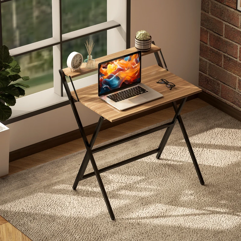 HOMCOM Folding Computer Desk, 32" Foldable Desk with Monitor Shelf for Small Space, Home Office, Study, Easy Assembly, Walnut