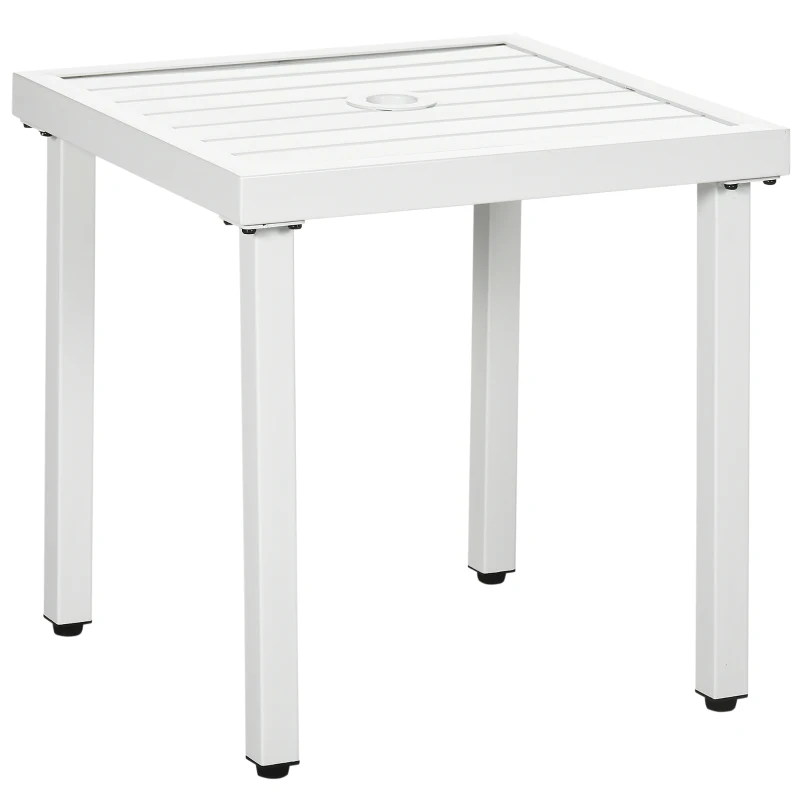 Outsunny Outdoor Side Table, Patio End Table with Umbrella Hole, Small Coffee Table with Steel Frame for Balcony, White
