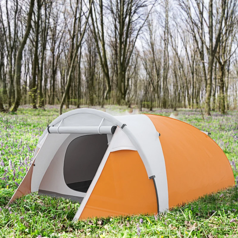 Outsunny Outdoor Camping Tent for 4 People, Waterproof Compact Portable Camping Travel Gear, 2 Doors, Hook for Light, Orange