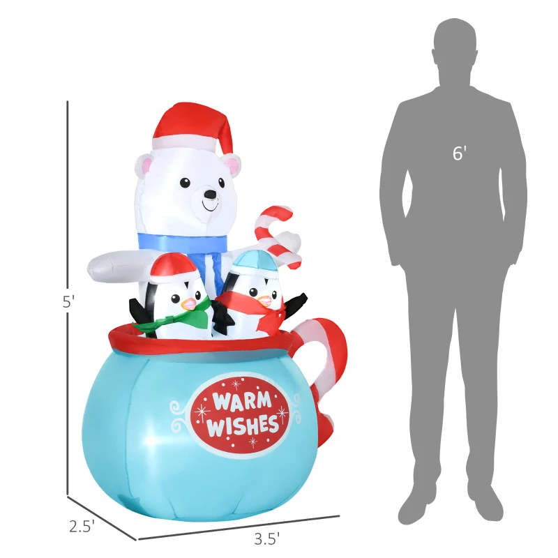 Outsunny 5ft Christmas Inflatables Outdoor Decorations Blessed Polar Bear and Penguins in the Cup