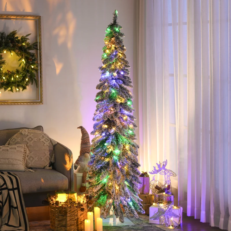 HOMCOM 6' Artificial Slim Christmas Trees, with Snow Frosted Branches, Warm White or Colorful LED Lights, Downswept Shape