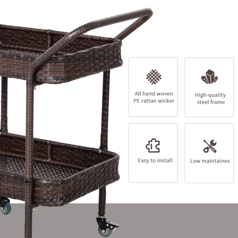 Outsunny PE Rattan Outdoor Bar Table, Outdoor Kitchen Island with 2-Tier Shelf, Wheeled Patio Serving Cart with Brakes for Poolside, Garden, Brown