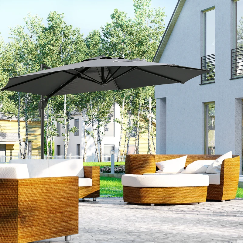 Outsunny 10ft Offset Patio Umbrella with Base, Hanging Aluminum and Steel Cantilever Umbrella with 360° Rotation, Easy Tilt, 8 Ribs, Crank, Cross Base for Poolside, Garden, Gray